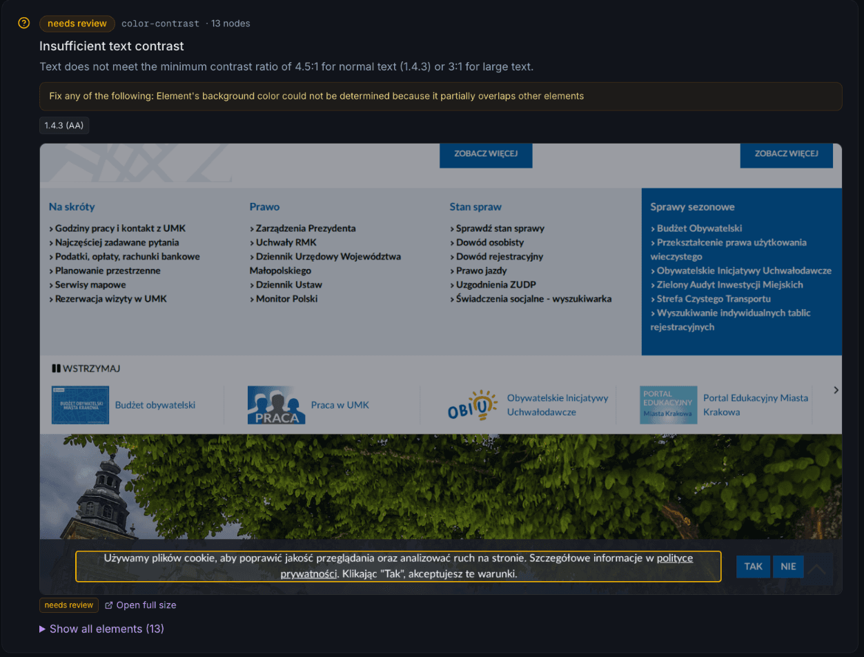 A finding in a Kaveia report: a needs review status, the color-contrast rule, a description of insufficient text contrast, criterion 1.4.3 AA, and a screenshot of the page with the affected element outlined.